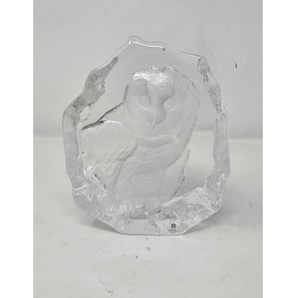 Mats Jonasson lead crystal owl paperweight 6"‎ etched art glass Sweden signed